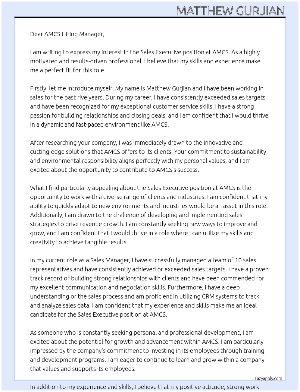 sales executive At AMCS Cover Letter