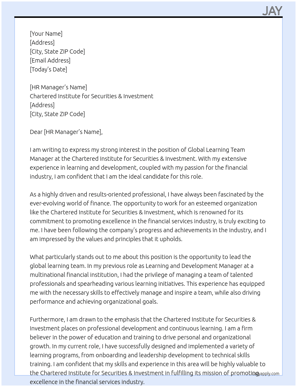 Global learning team manager At chartered institute for securities & investment Cover Letter