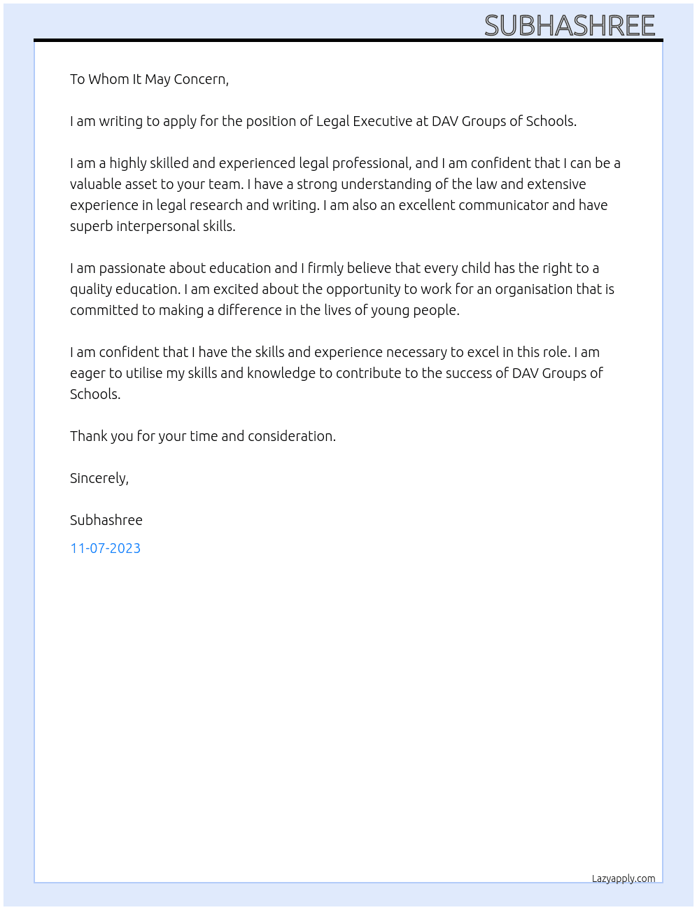 Legal executive  At DAV Groups of School Cover Letter