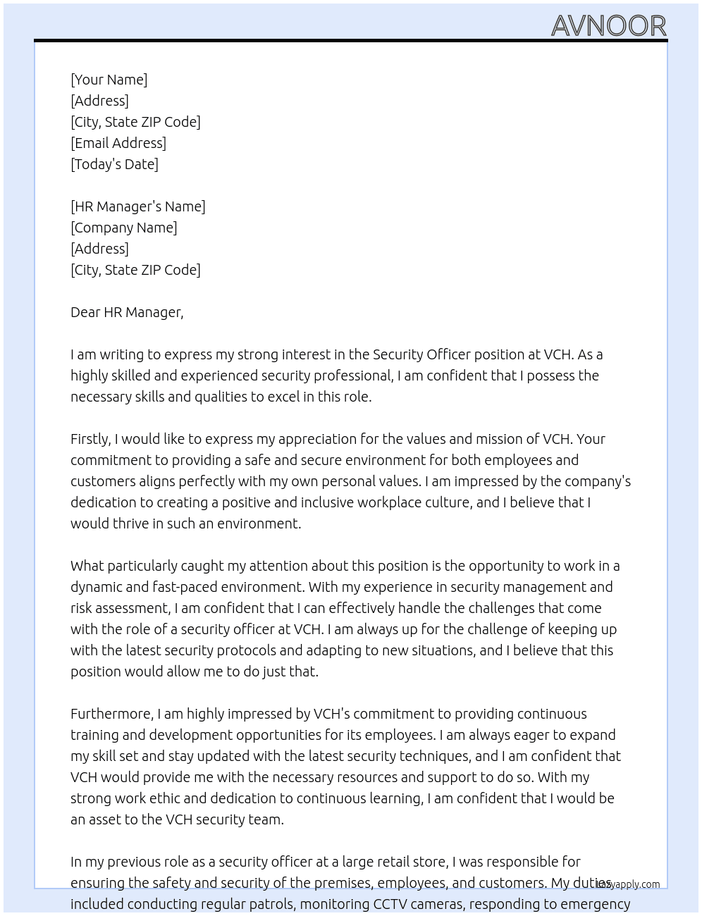 security officer At VCH Cover Letter