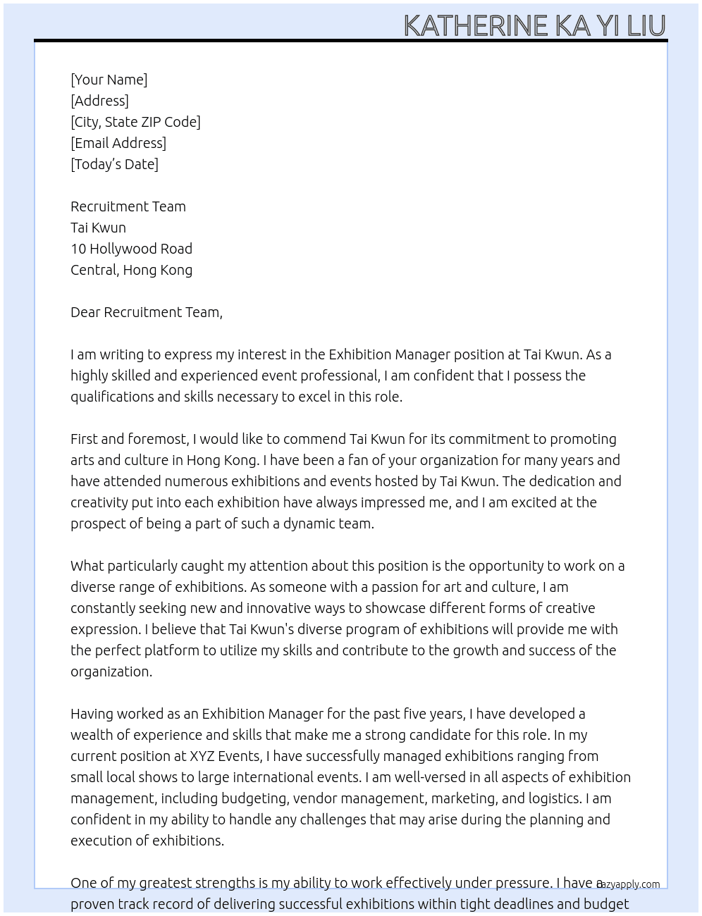 Exhibition Manager At Tai Kwun Cover Letter