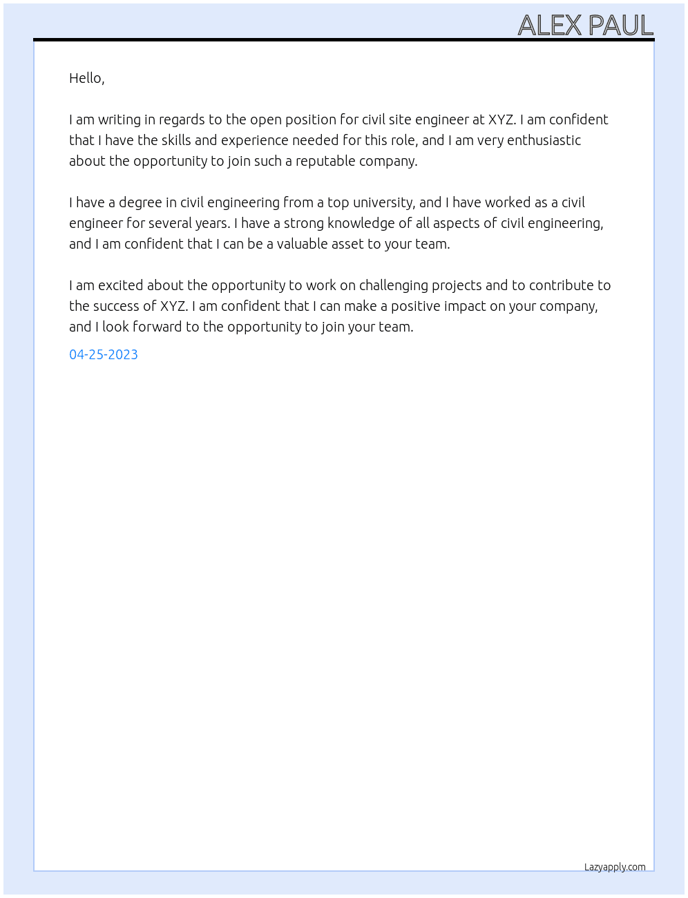 Civil site Engineer  At XYZ Cover Letter