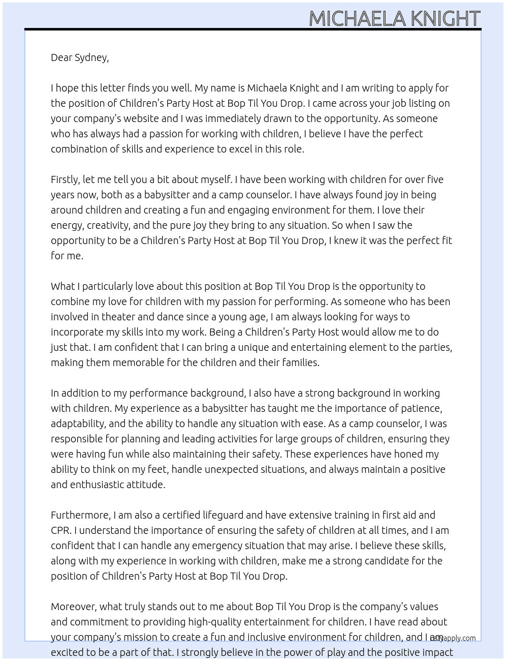 Children's Party Host At Bop Til You Drop Cover Letter