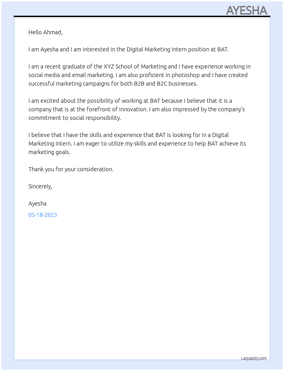 Digital Marketing Intern At BAT Cover Letter