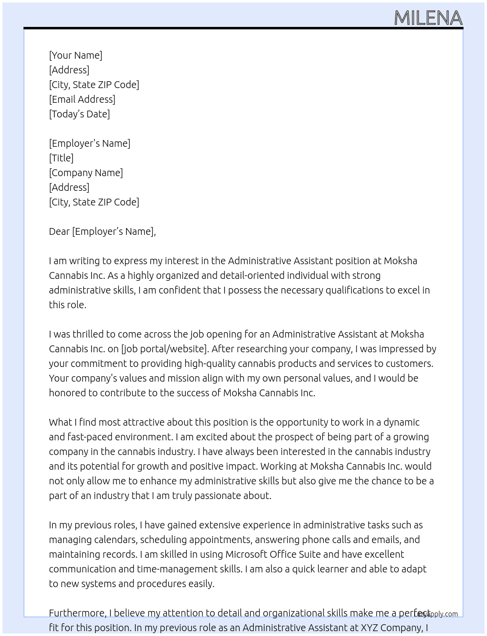 administrative assistant At Moksha Cannabis Inc. Cover Letter