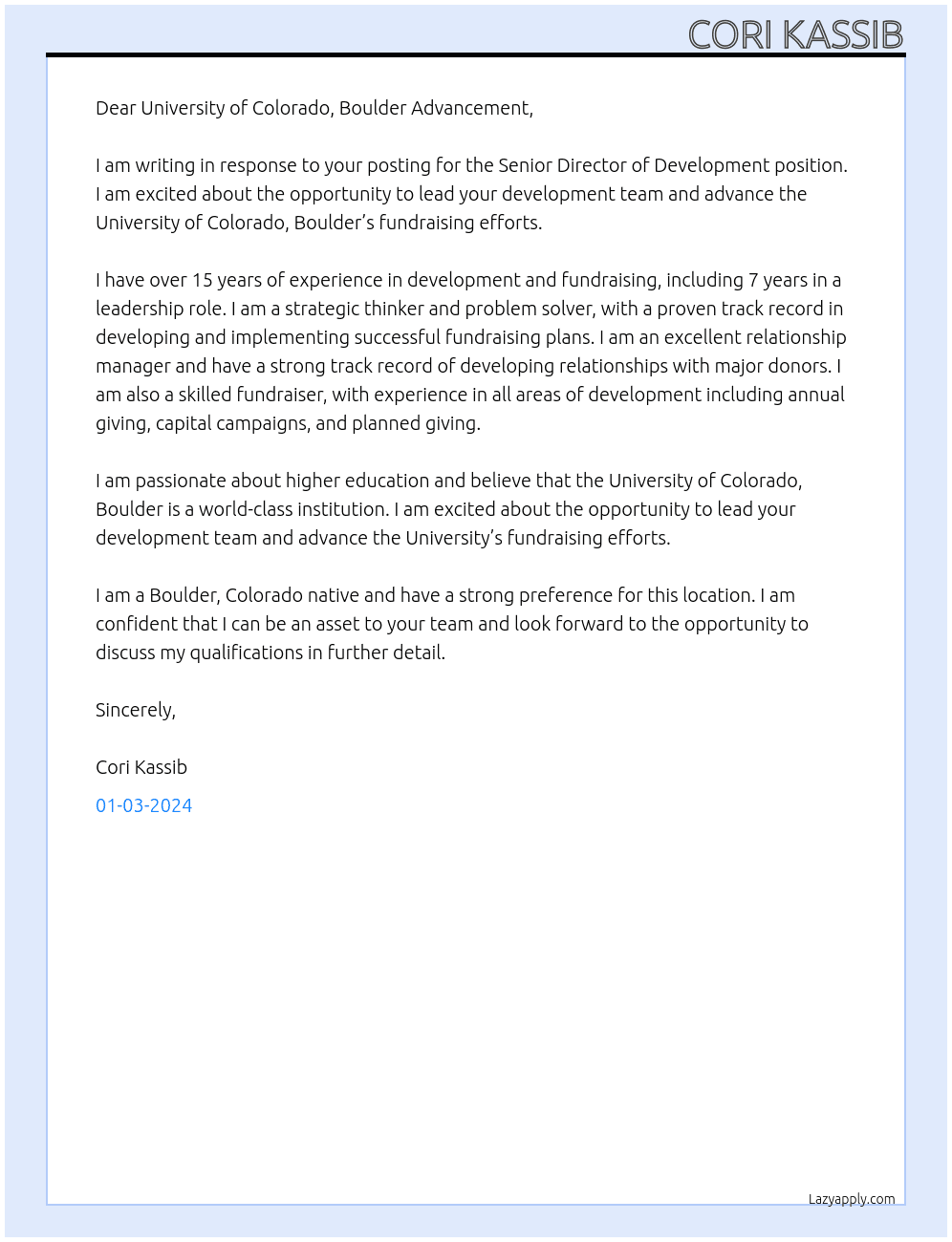 Senior Director of Development At University of Colorado, Boulder Cover Letter