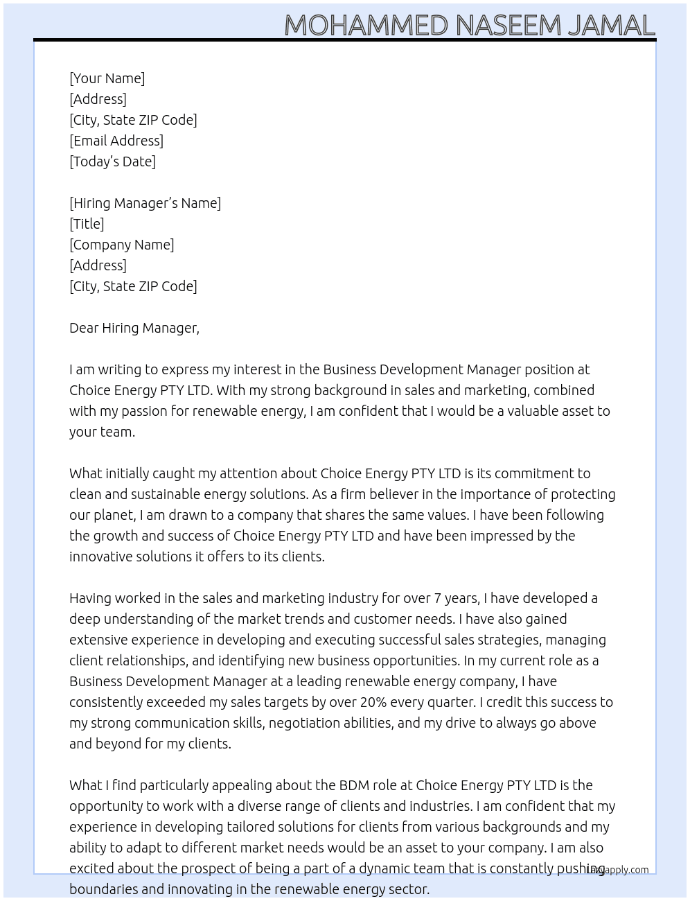 BDM At Choice Energy PTY LTD Cover Letter