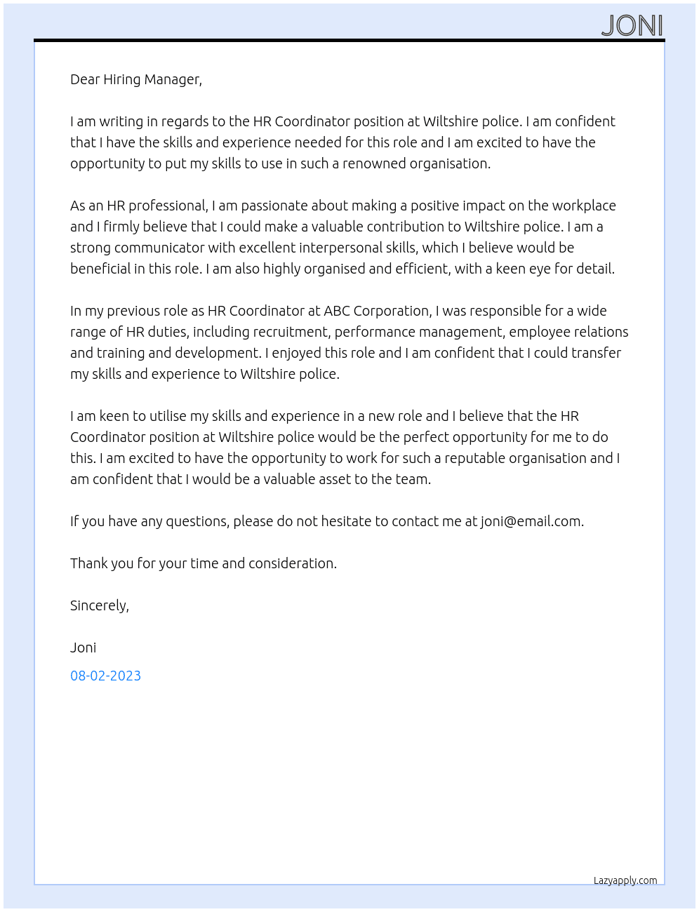 HR Coordinator  At Wiltshire police Cover Letter