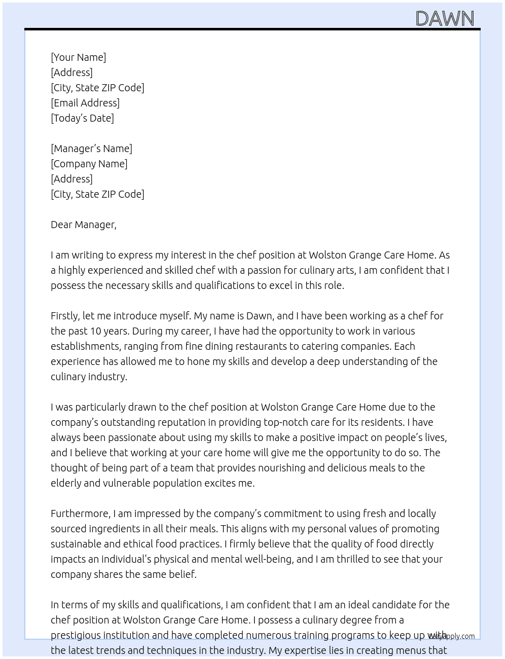 chef  At wolston grange care home  Cover Letter