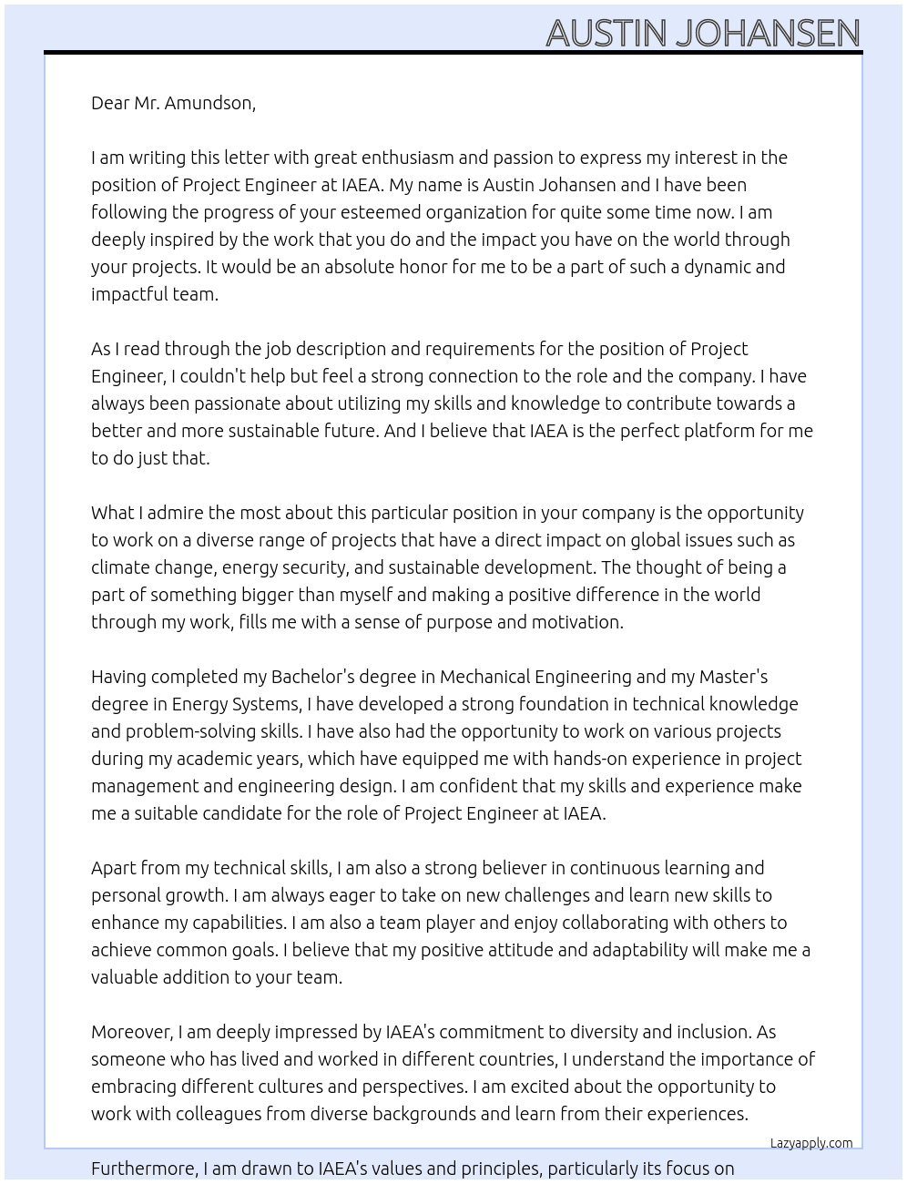 Project Engineer At IAEA Cover Letter