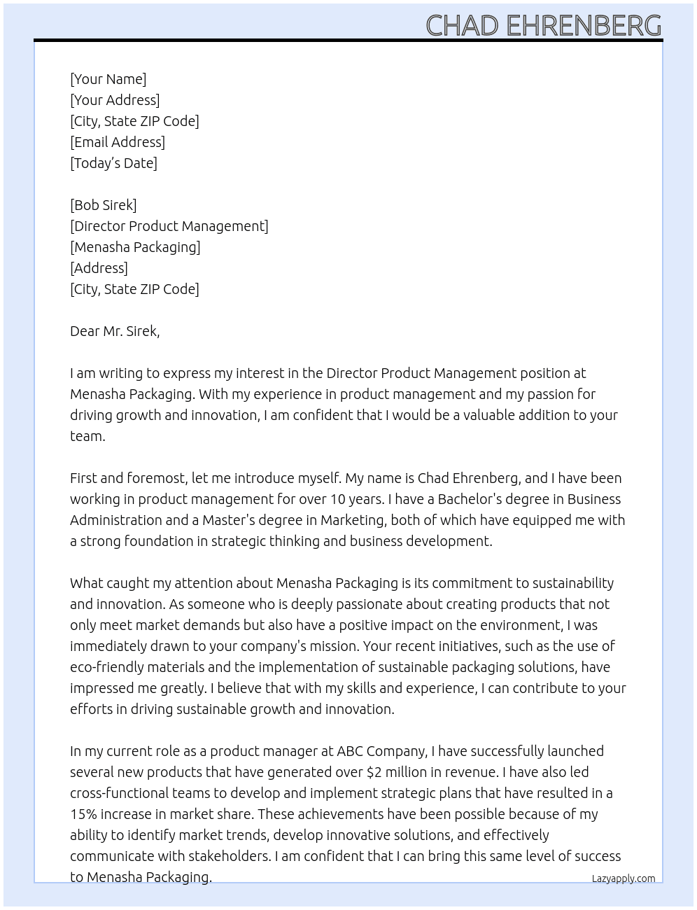Director Product Managemetn At Menasha Packaging Cover Letter