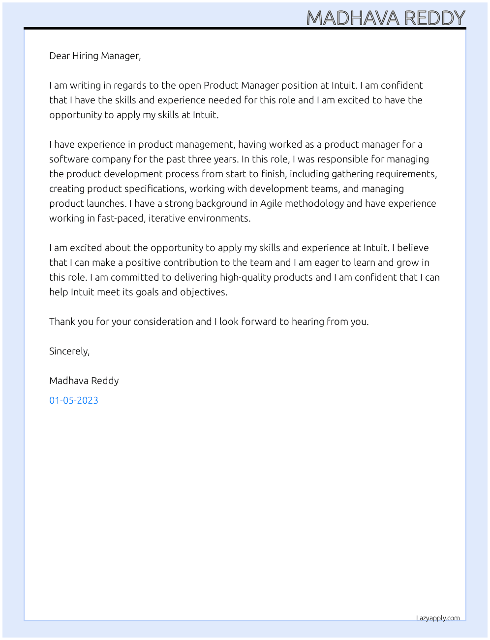 Product Manager At Intuit Cover Letter