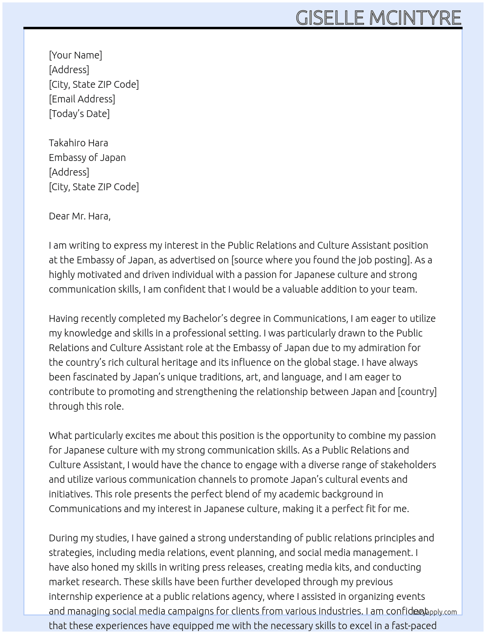 Public Relations and Culture Assistant At Embassy of Japan Cover Letter