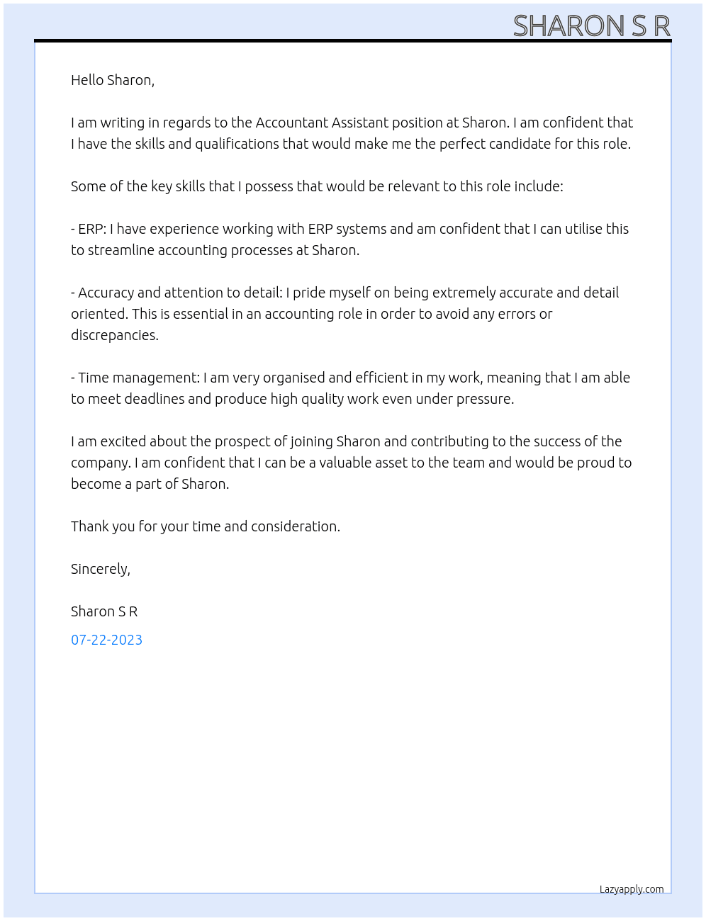 Accountant Assistant  At Sharon Cover Letter