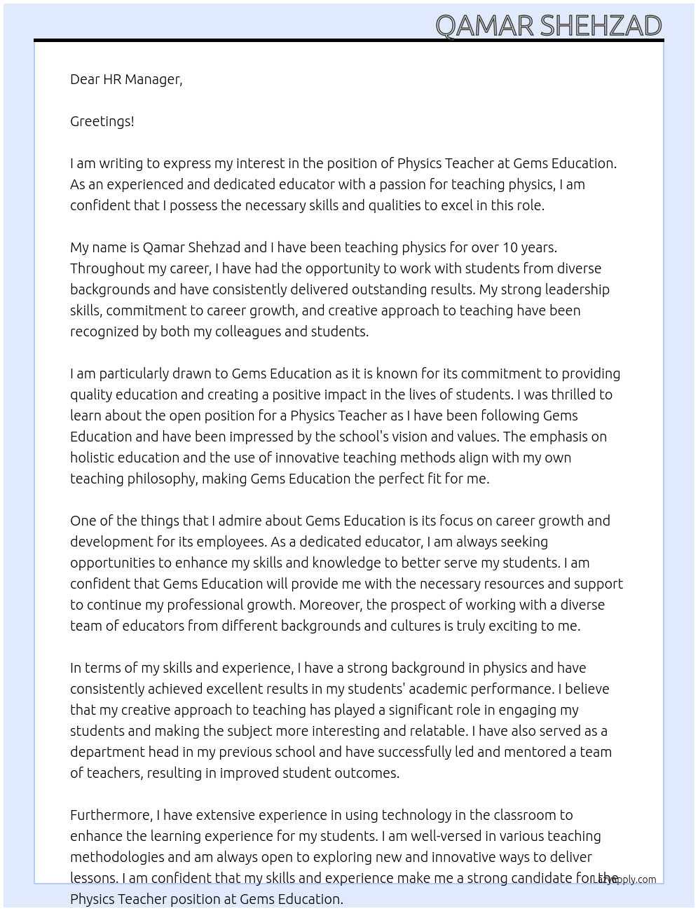 Physics Teacher At Gems Education Cover Letter