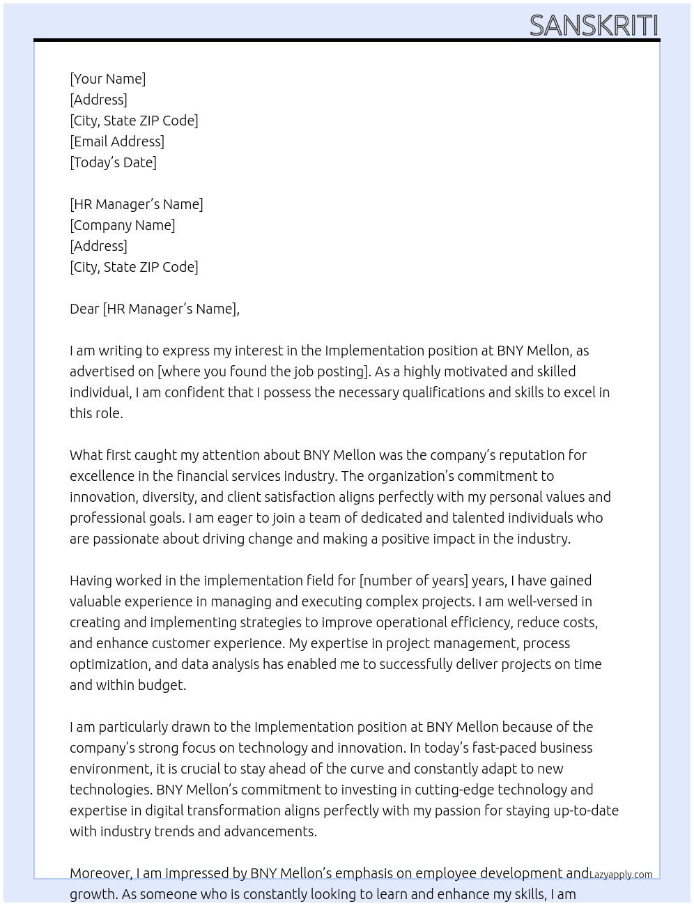 Implementation At BNY Mellon Cover Letter