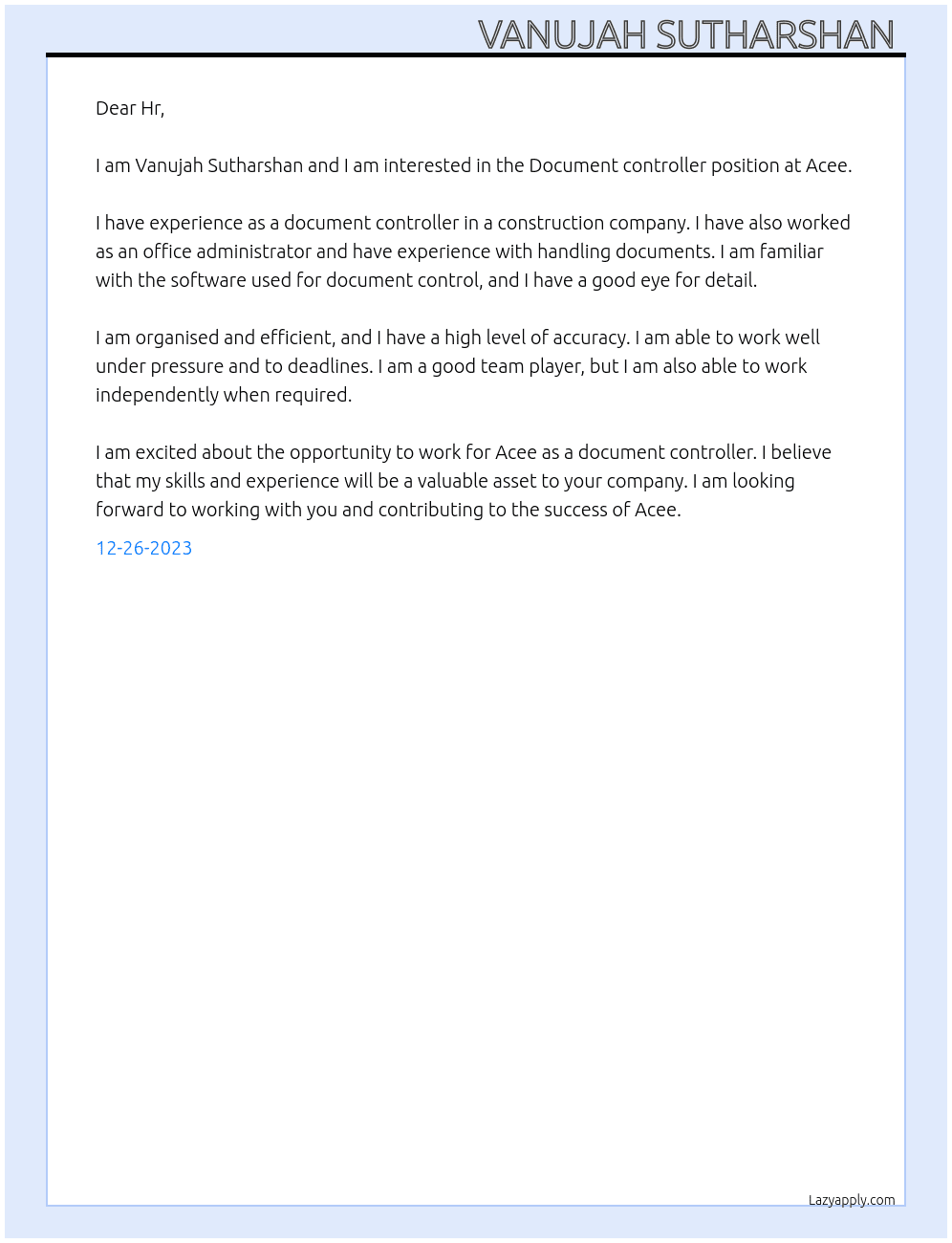 Document controller  At Acee  Cover Letter
