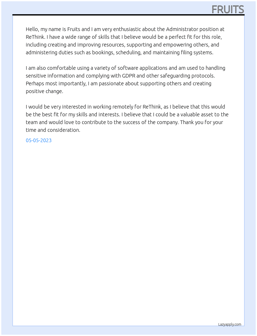 Administrator  At ReThink Cover Letter