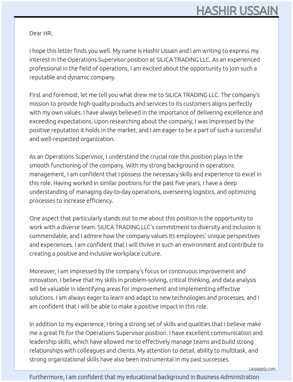 Operations Supervisor At SILICA TRADING LLC Cover Letter