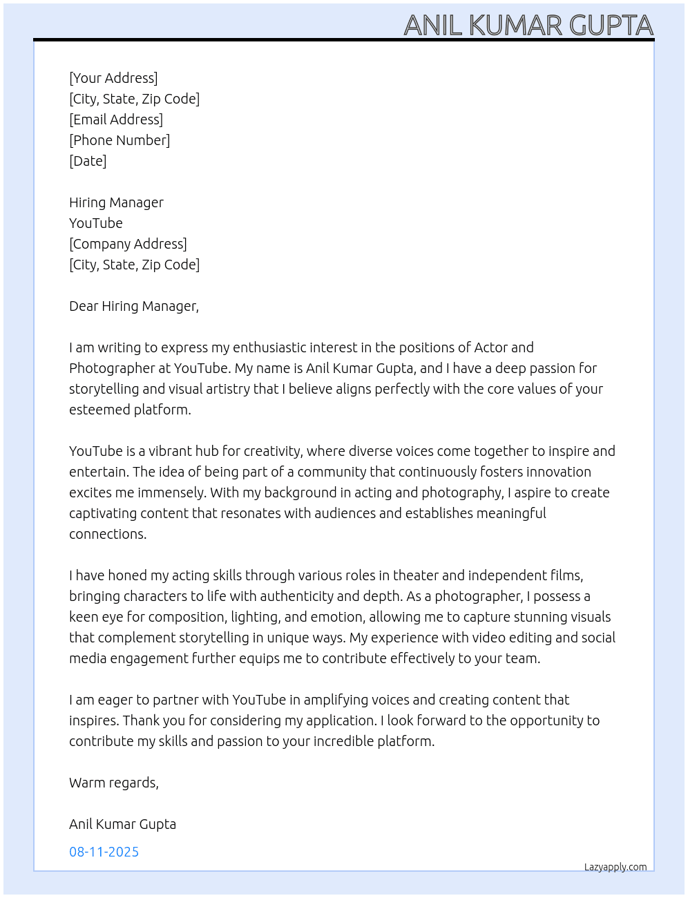 Actor , Photographer At Youtube Cover Letter