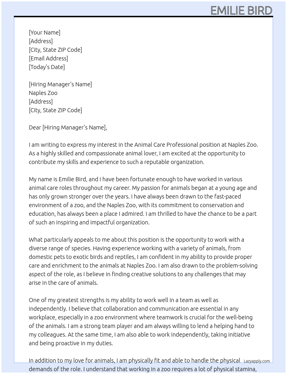 Animal Care Professional At Naples Zoo Cover Letter