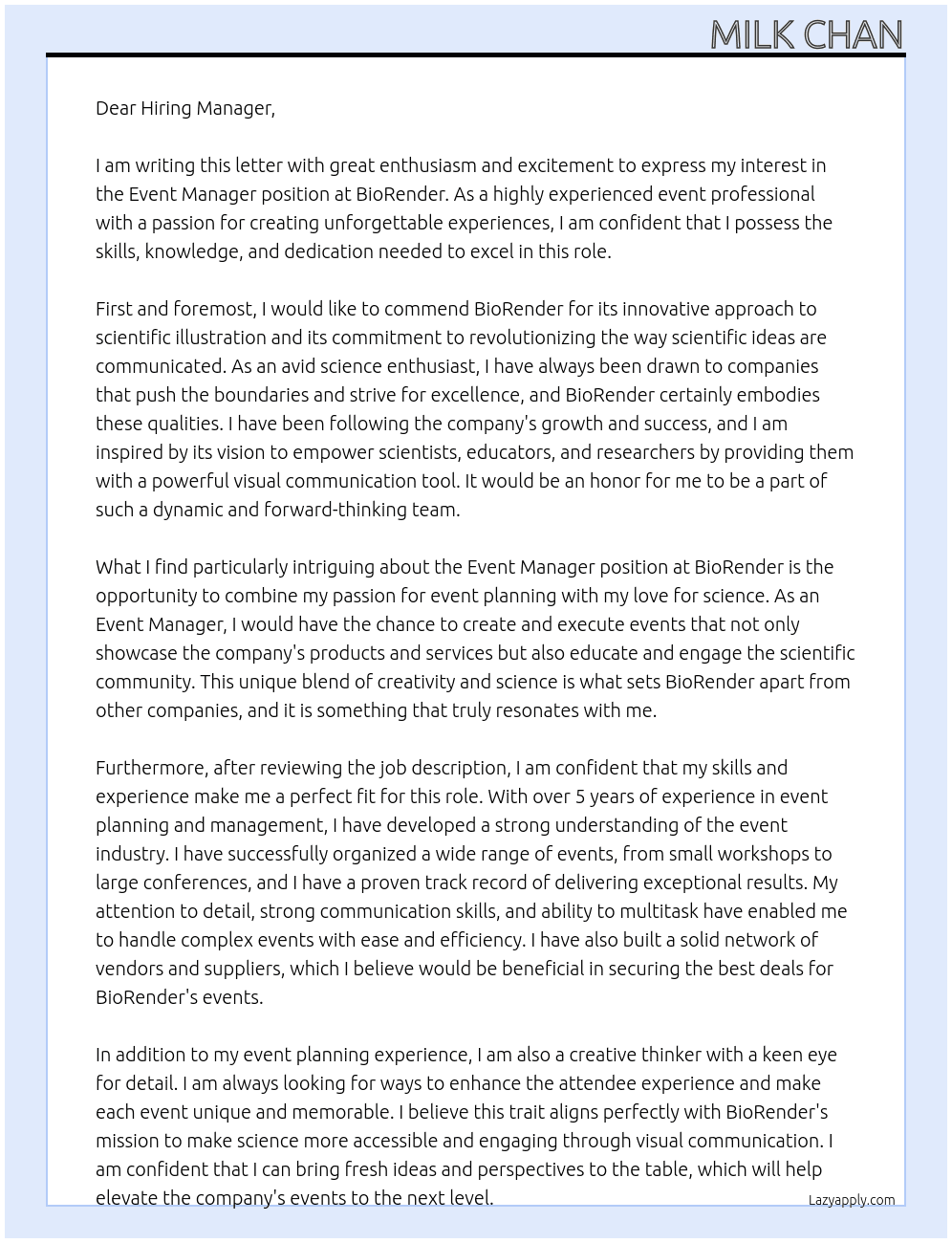 Event Manager At BioRender Cover Letter