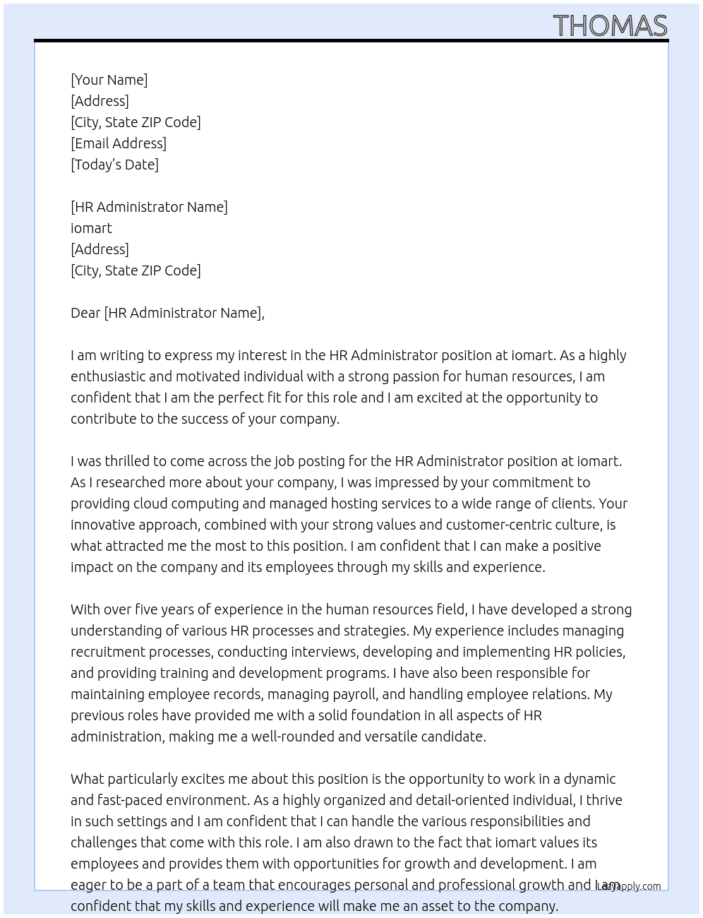 HR Administrator At iomart Cover Letter