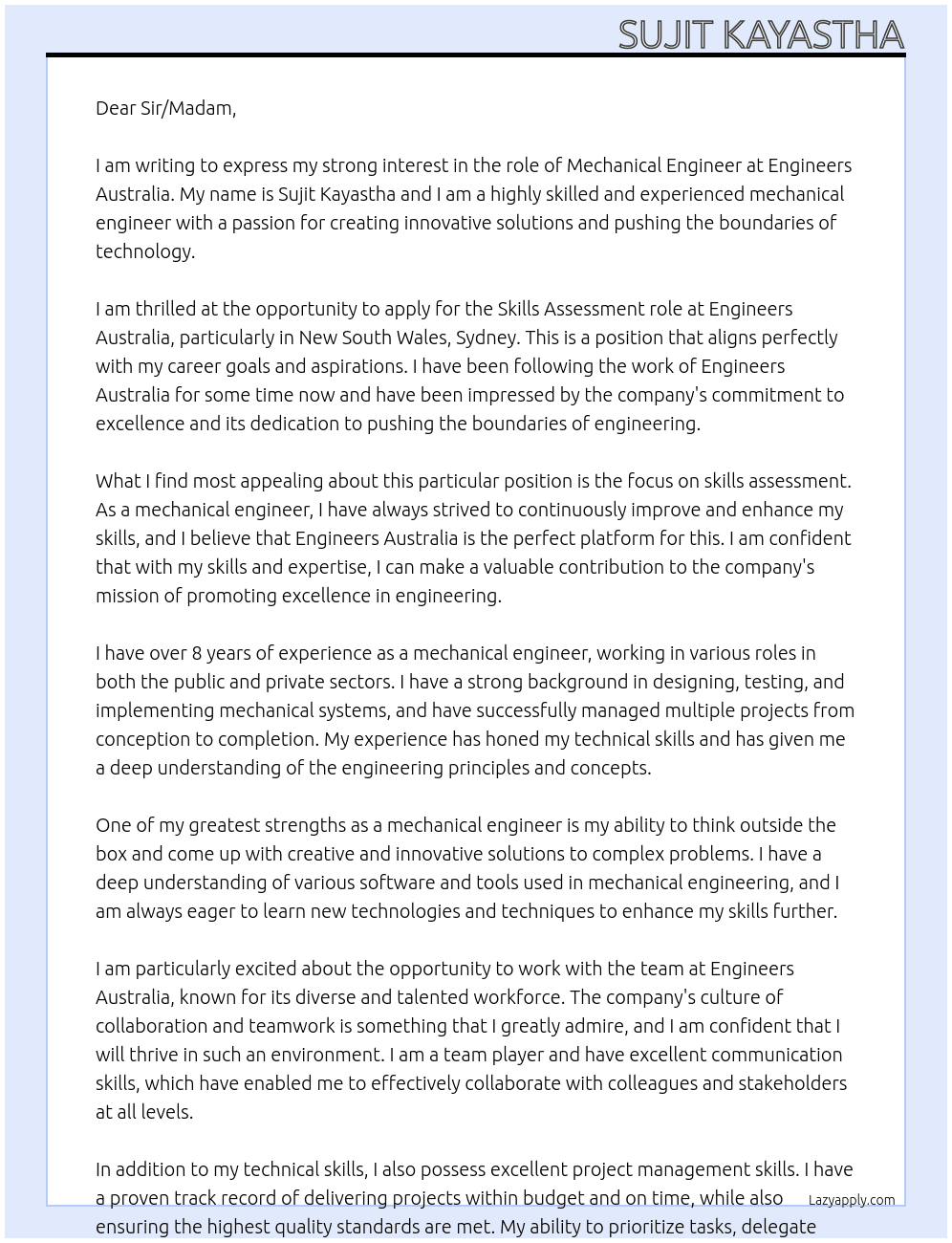 mechanical engineer  At Engineers Australia Cover Letter