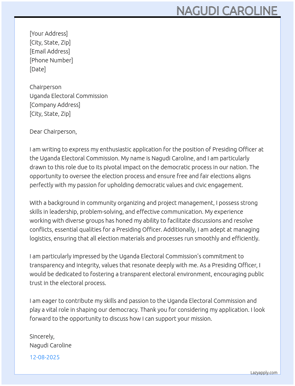 Presiding Officer At Electrol commission  Cover Letter