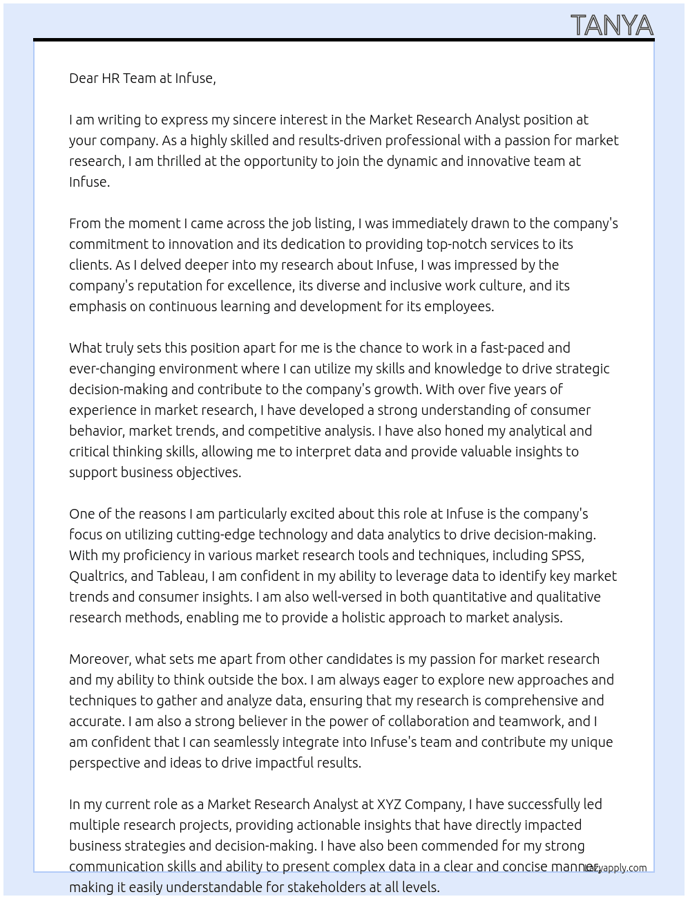 Market Research Analyst At Infuse Cover Letter