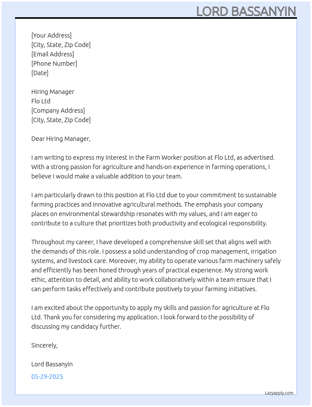 Farm worker At Flo ltd Cover Letter