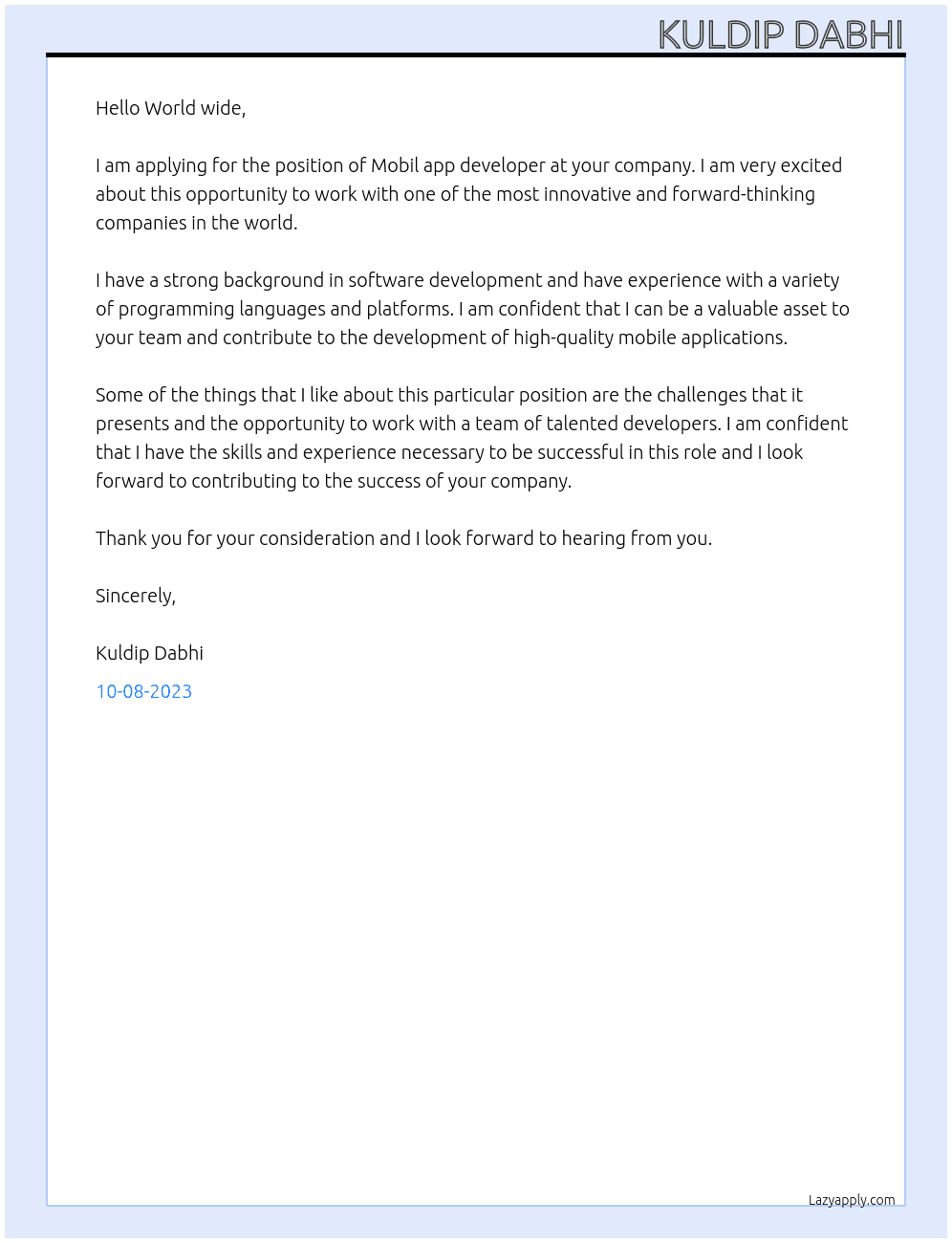 Mobil app developer  At Google play account  Cover Letter