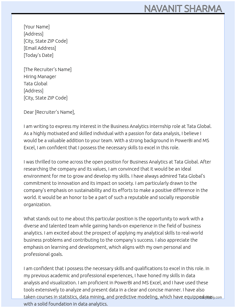 Bussiness Analytics At Tata Global Cover Letter