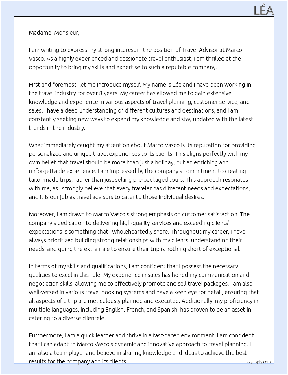 travel advisor At Marco Vasco Cover Letter
