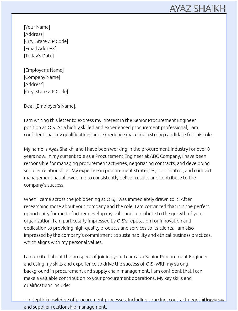 Sr.Procurement Engg. At OIS Cover Letter