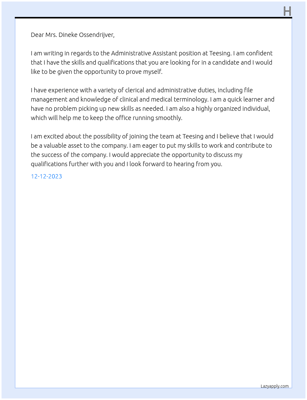Administrative Assistant At Teesing Cover Letter
