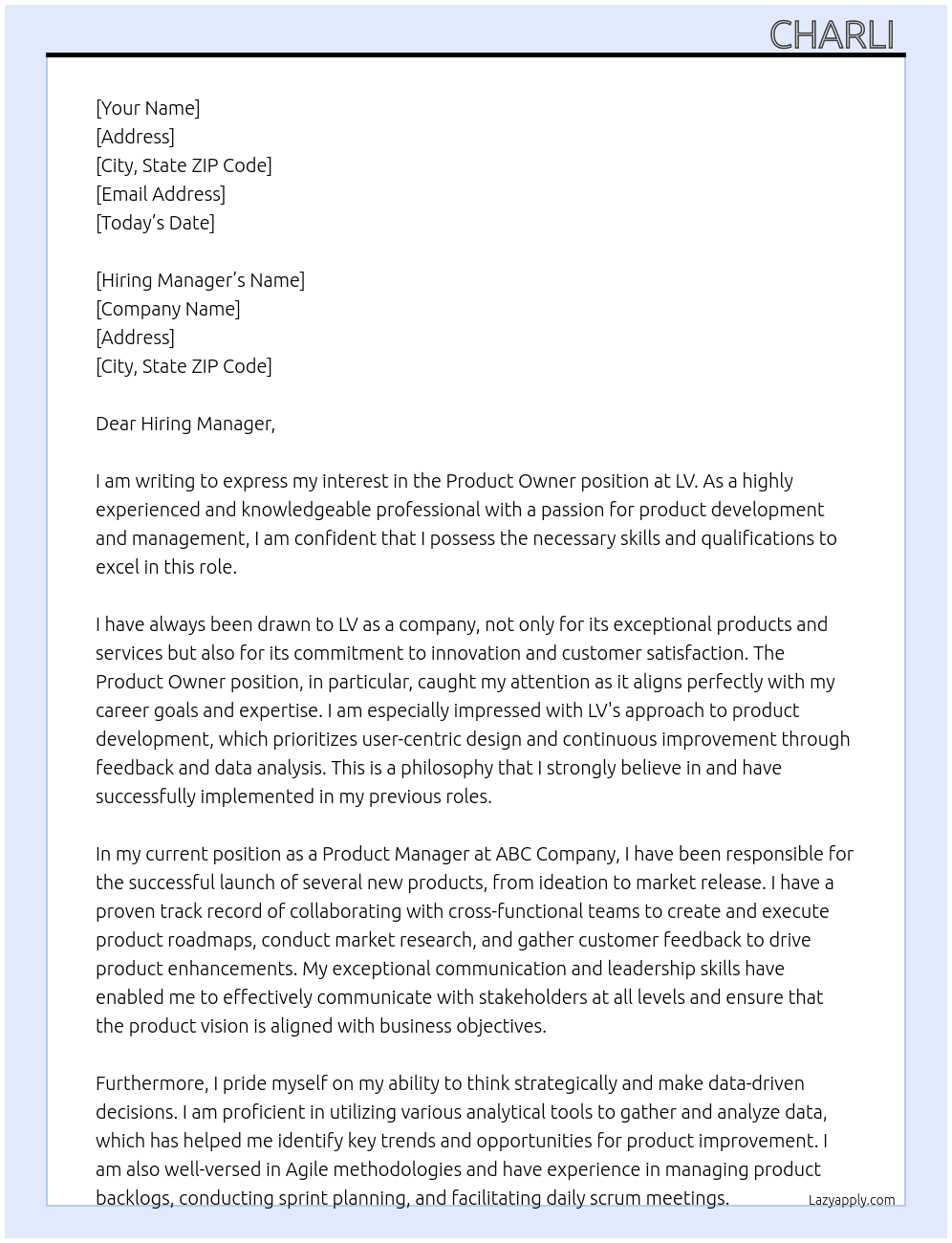 Product Owner At LV Cover Letter