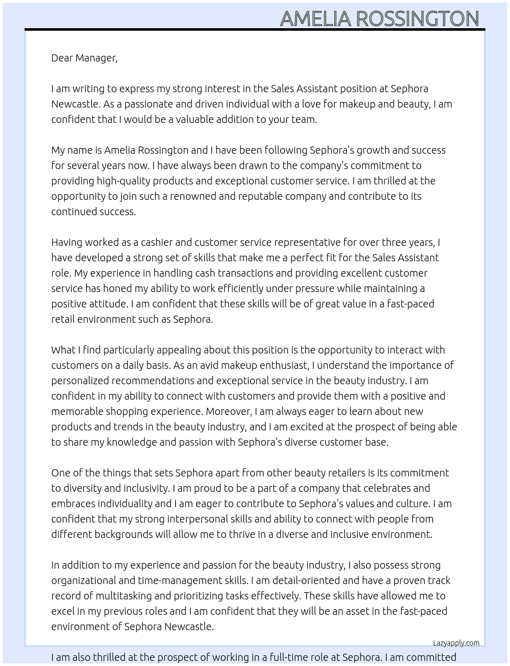 Sales Assistant  At Sephora Newcastle Cover Letter