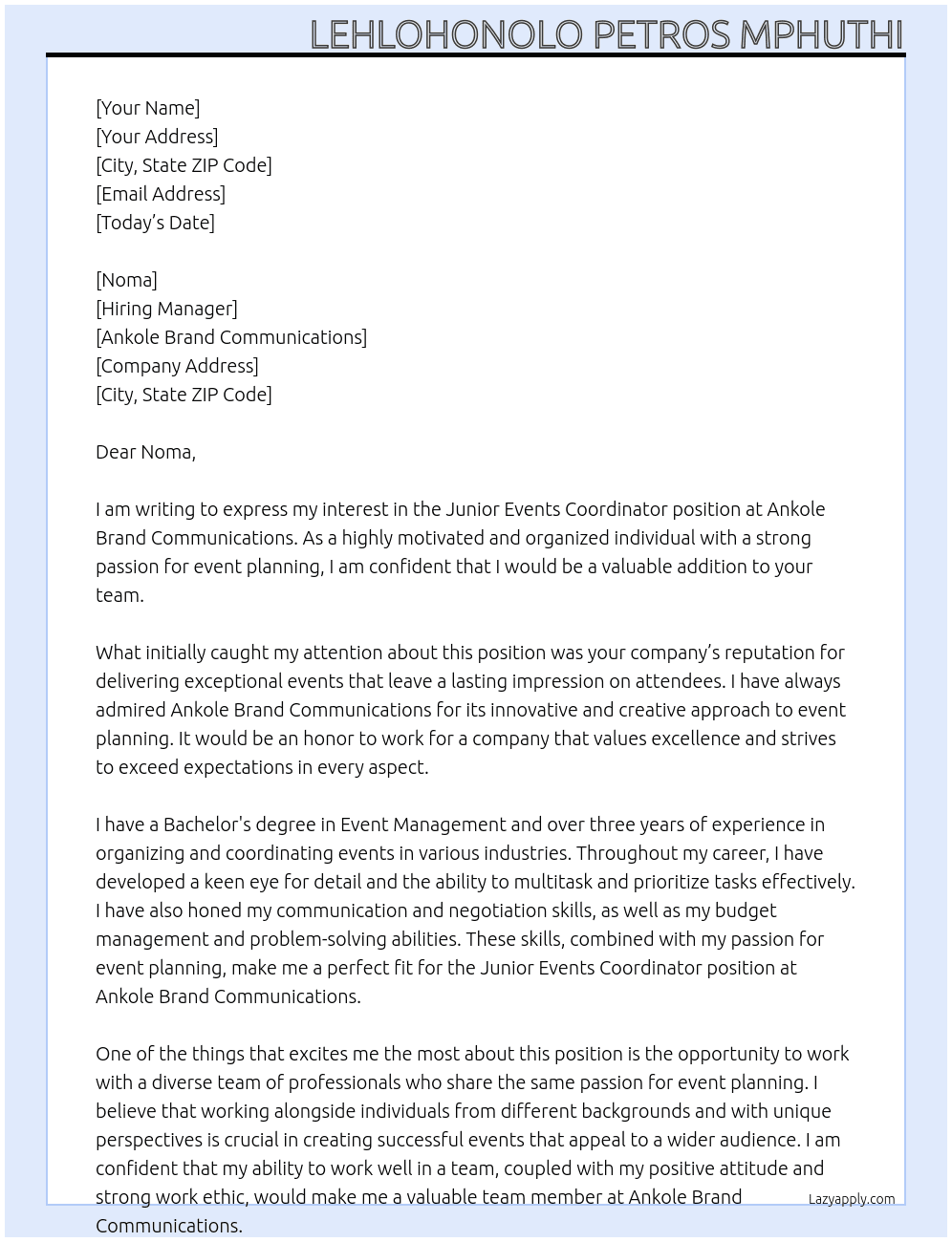 Junior Events Coordinator At Ankole Brand Communications Cover Letter