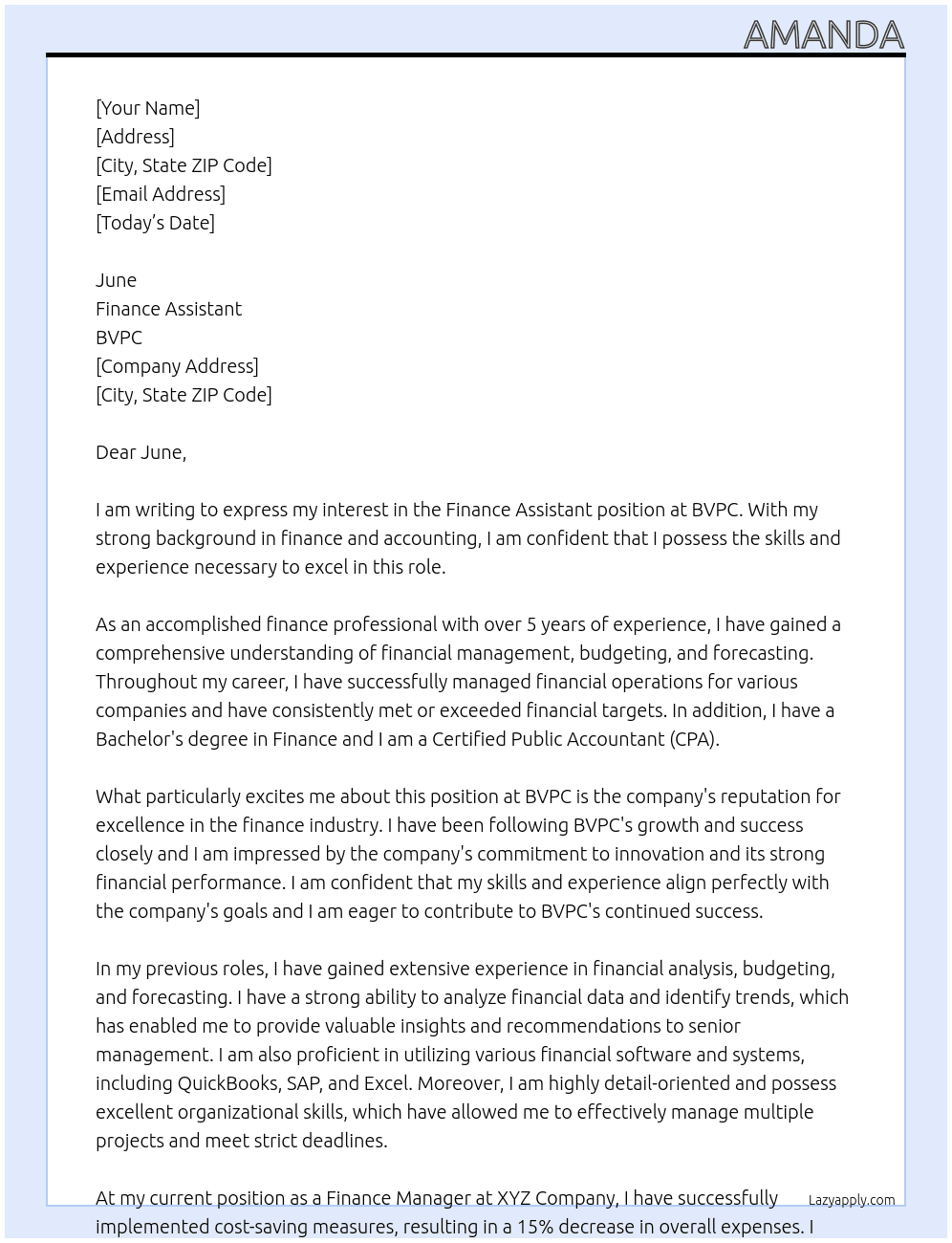 Finance Assistant At BVPC Cover Letter