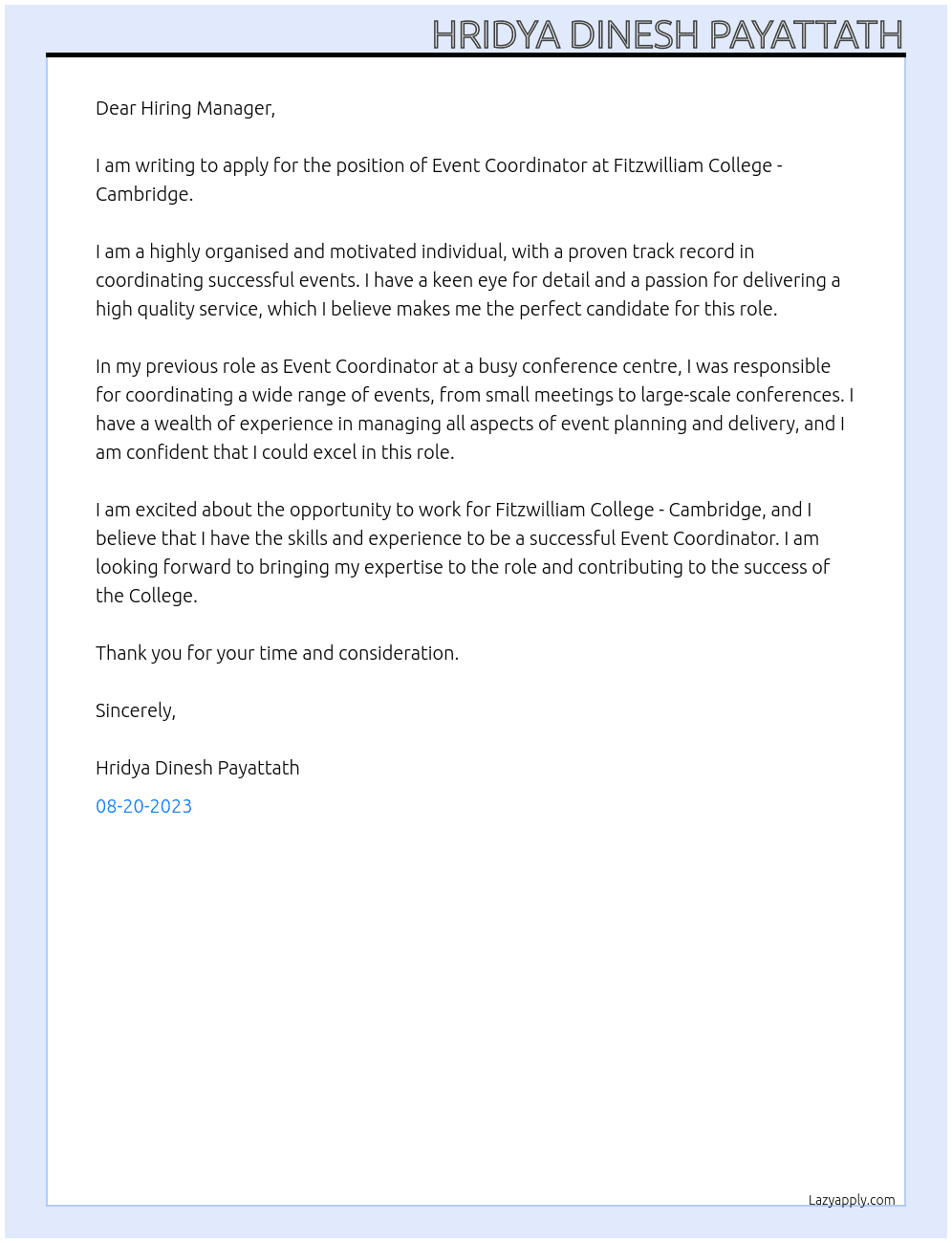 Event Coordinator At Fitzwilliam College - Cambridge Cover Letter