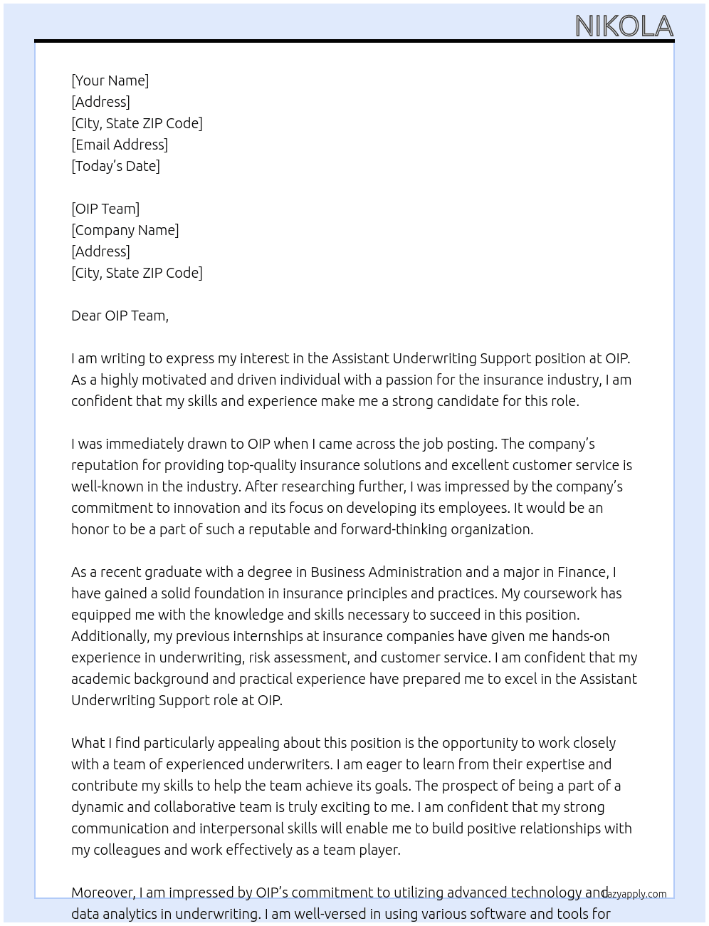 Assistant Underwriting Support At OIP Cover Letter