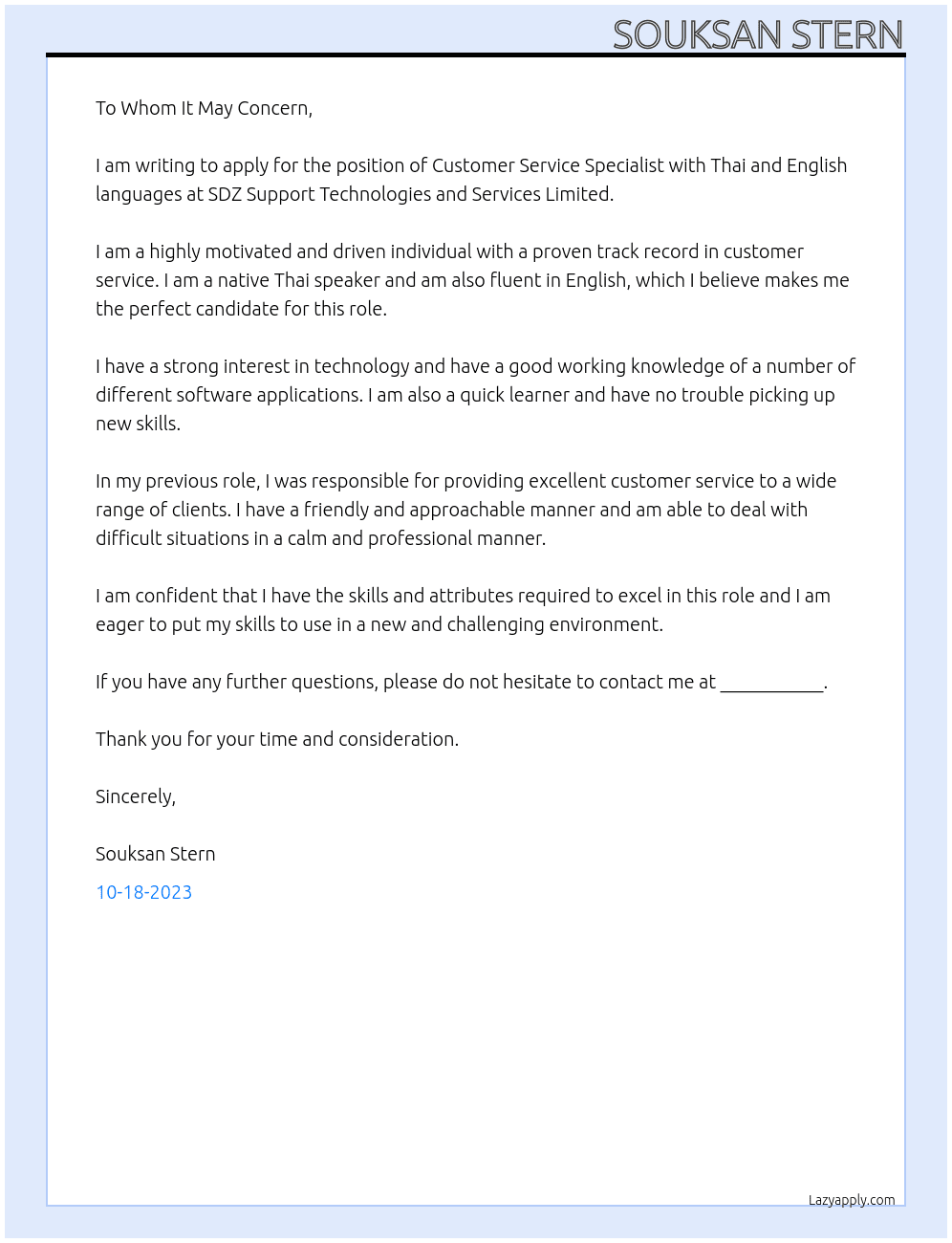 Customer Service Specialist with Thai and English languages At SDZ Support Technologies and Services Limited Cover Letter