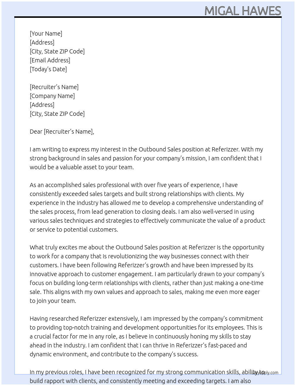 Outbound Sales At Referizzer Cover Letter