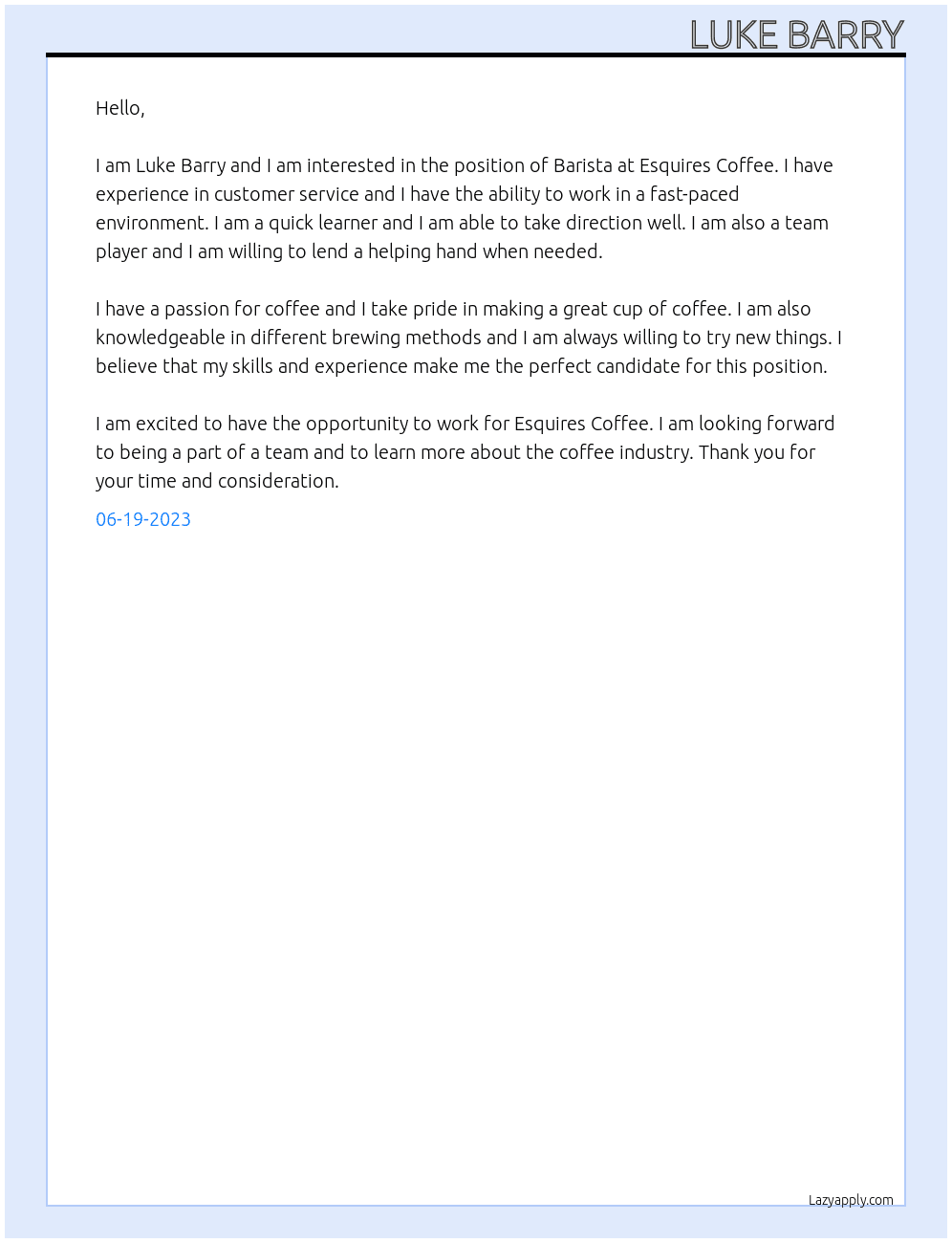 Barista At Esquires Coffee Cover Letter