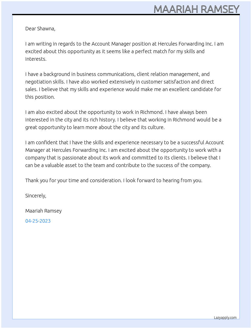 Account Manager At Hercules Forwarding Inc  Cover Letter