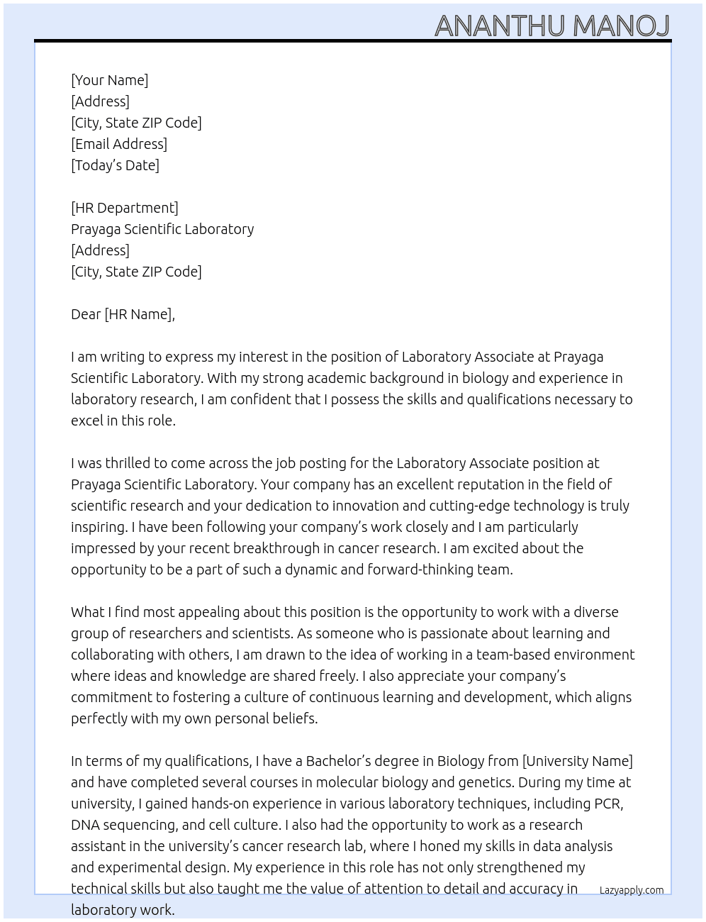  laboratory associate At Prayaga Scientific Laboratory Cover Letter