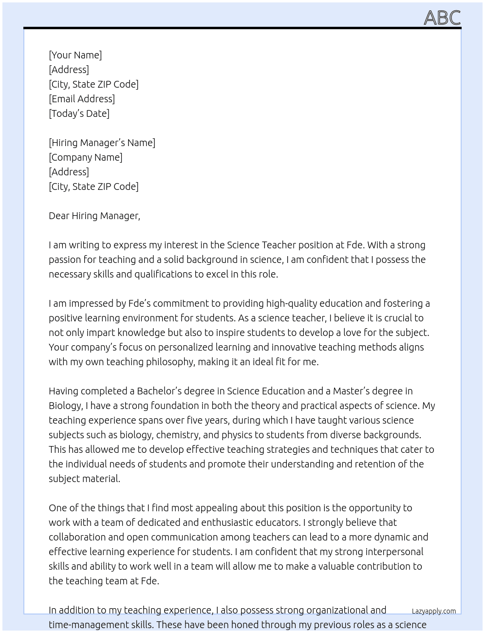 Science teacher  At Fde Cover Letter