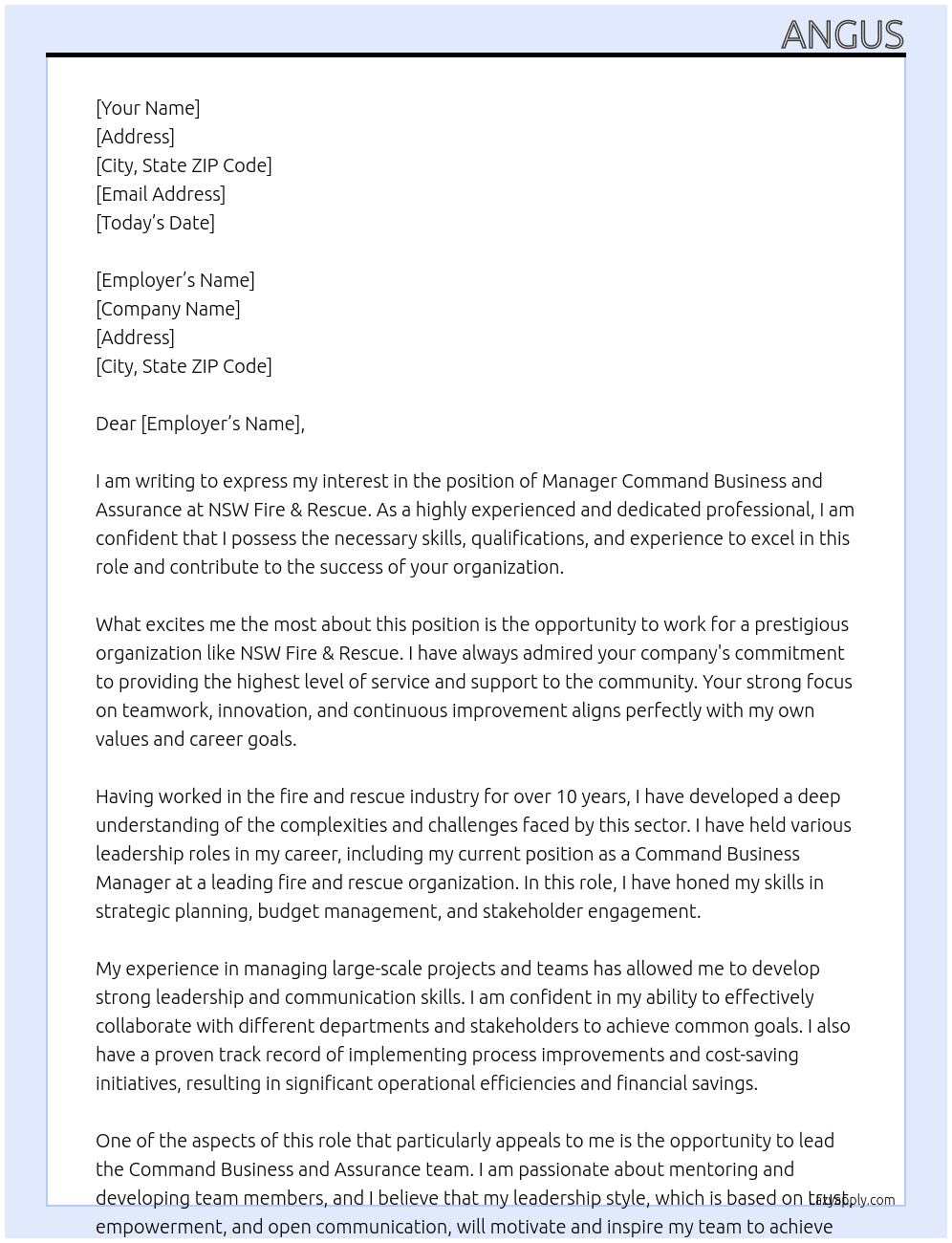 Manager Command Business and Assurance At NSW Fire & Rescue  Cover Letter
