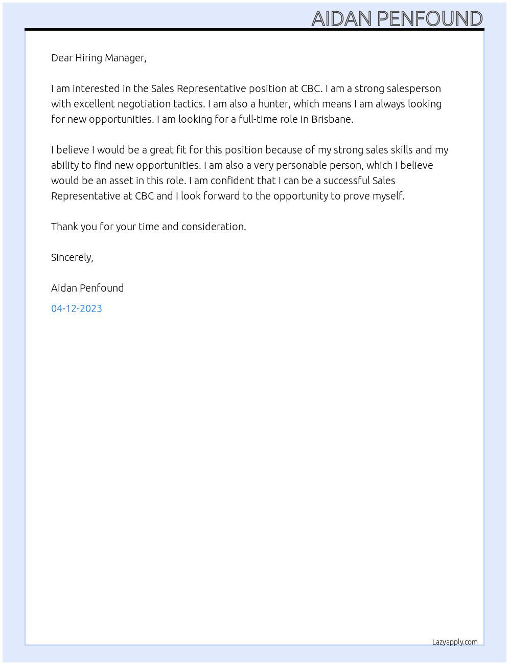 Sales Representative  At CBC Cover Letter
